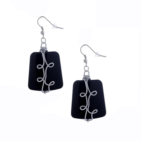 NEW! SILVER WIRE WRAPPED EARRINGS W/ BLACK CENTER - Picture 4 of 4